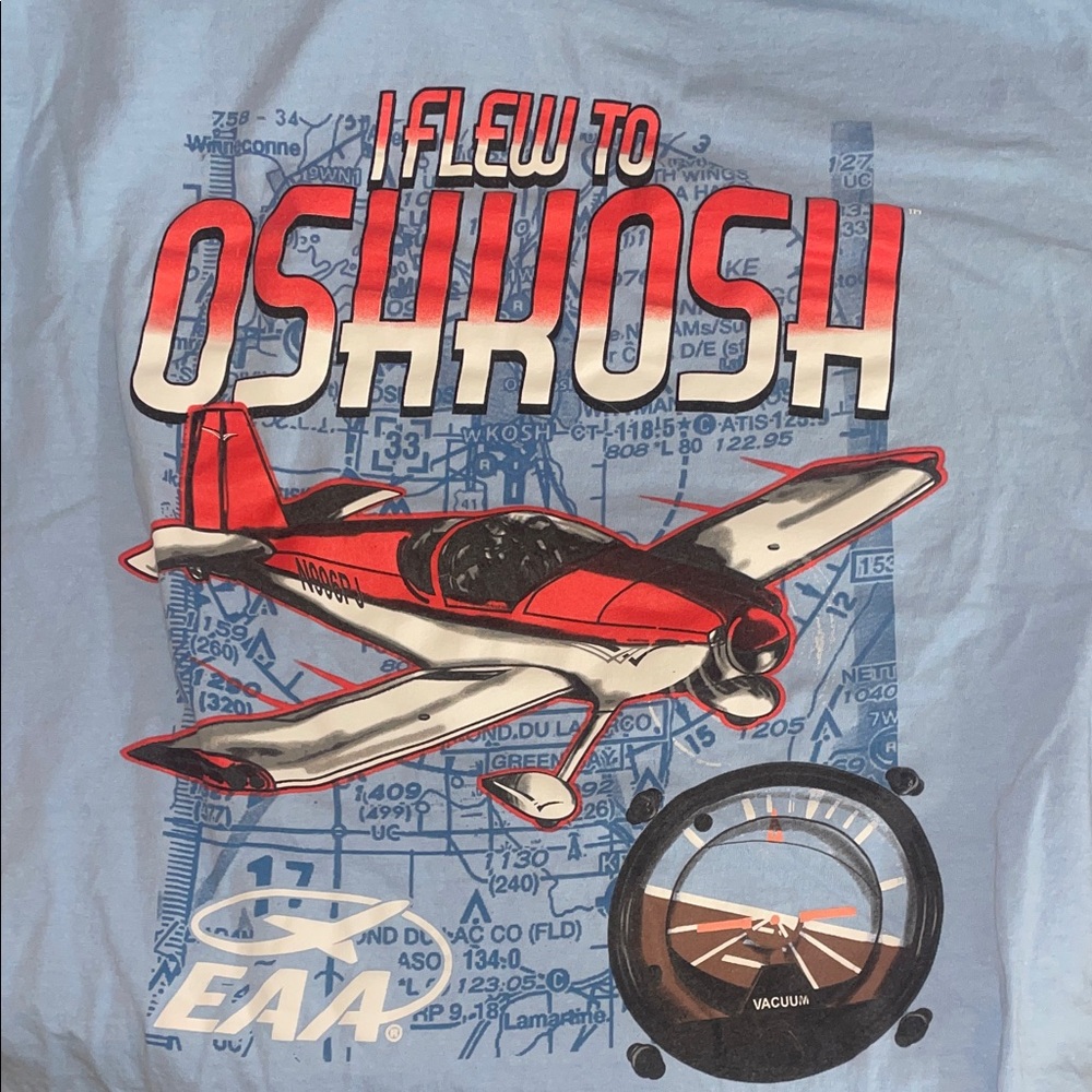 I Flew To OshKosh Blue Graphic T-Shirt large